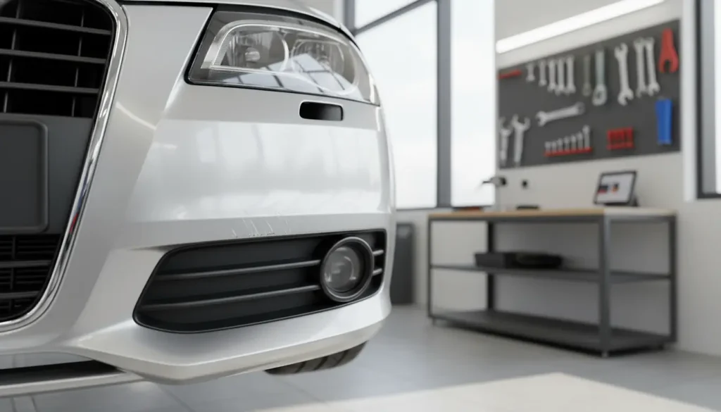Pare-choc avant gris d'une Audi A3 8P en atelier de carrosserie