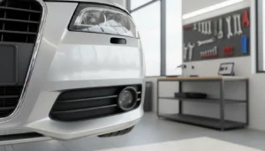 Pare-choc avant gris d'une Audi A3 8P en atelier de carrosserie
