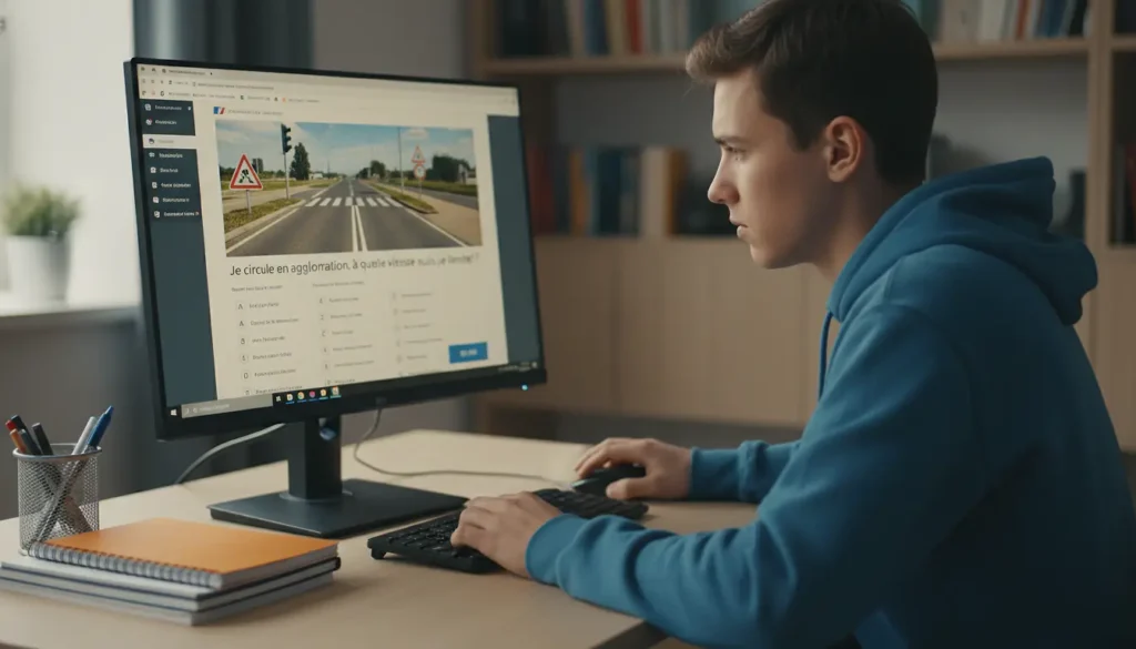 Candidat préparant le code de la route en ligne sur ordinateur, questions officielles ETG affichées sur l'écran