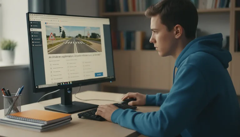 Candidat préparant le code de la route en ligne sur ordinateur, questions officielles ETG affichées sur l'écran