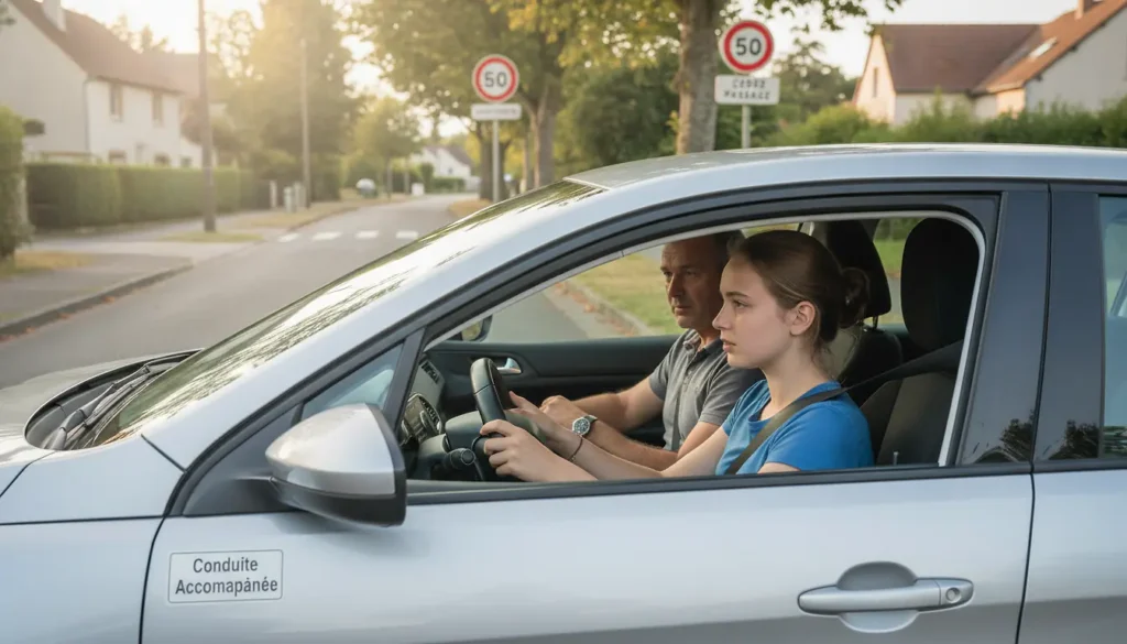 Jeune apprenti conducteur au volant lors d'une leçon de conduite accompagnée, accompagnateur en passager