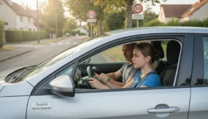 Jeune apprenti conducteur au volant lors d'une leçon de conduite accompagnée, accompagnateur en passager