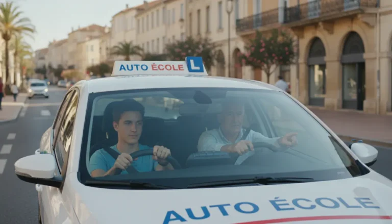 Voiture d'auto-école conduite par un élève dans la ville basse de Carcassonne, moniteur en co-pilotage