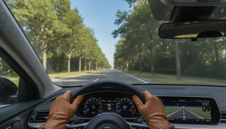 Conducteur pratiquant la conduite fluide sur route ouverte, mains sur le volant, horizon dégagé