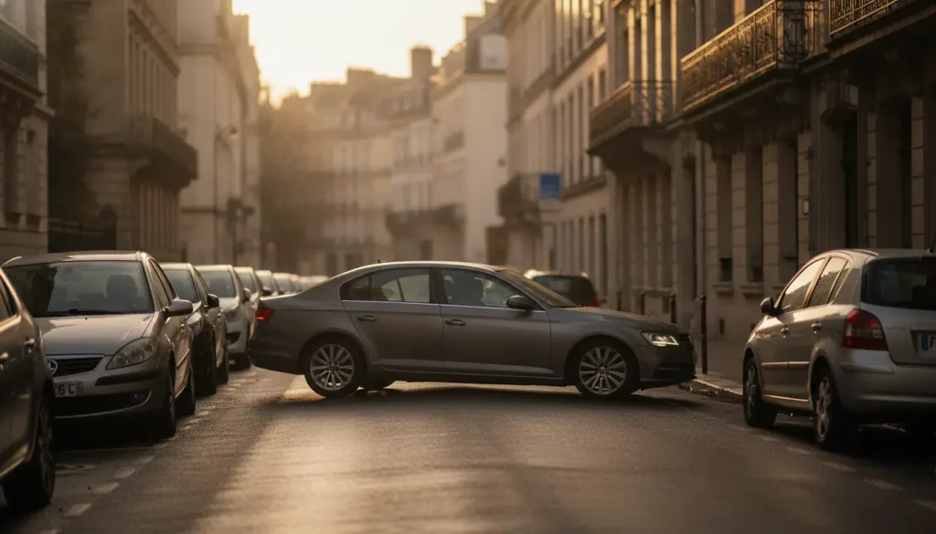 Voiture en manœuvre de créneau entre deux véhicules garés le long d'un trottoir