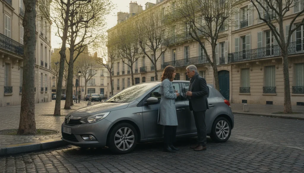 Jeune conductrice et accompagnateur pres d'une voiture en ville