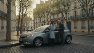 Jeune conductrice et accompagnateur pres d'une voiture en ville