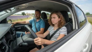 Adolescent au volant d'une voiture avec son accompagnateur adulte lors d'une séance de conduite accompagnée