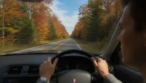 Conducteur sur route canadienne en automne, forêts de conifères et érables aux couleurs automnales