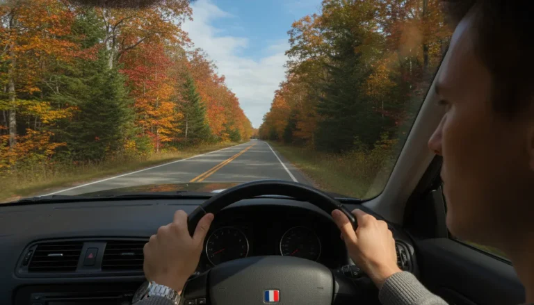 Conducteur sur route canadienne en automne, forêts de conifères et érables aux couleurs automnales