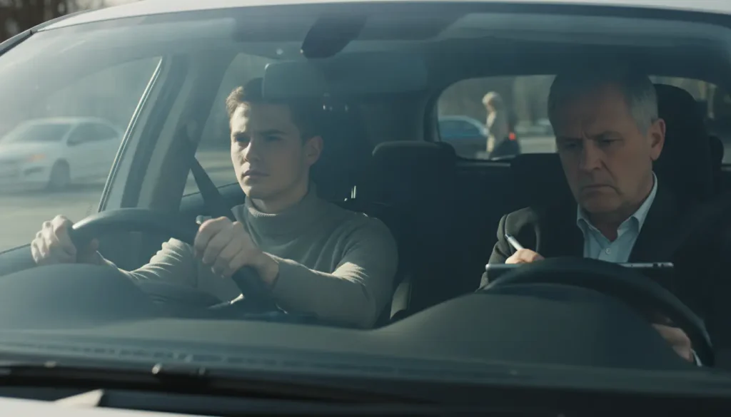 Candidat au volant lors de l'épreuve pratique du permis de conduire avec examinateur