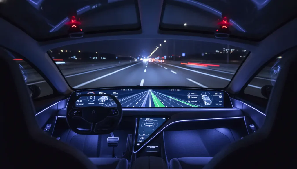 Cockpit futuriste d'une voiture autonome sur autoroute, interface de conduite autonome et capteurs LiDAR