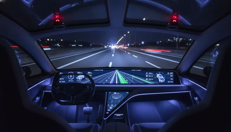 Cockpit futuriste d'une voiture autonome sur autoroute, interface de conduite autonome et capteurs LiDAR