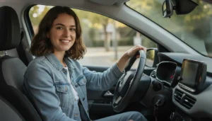 Jeune conductrice souriante au volant d'une petite citadine, clés de voiture en main