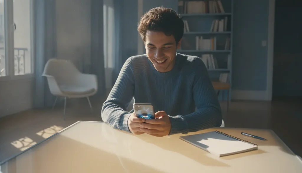 Jeune conducteur souriant qui révise le code de la route sur son smartphone