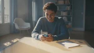 Jeune conducteur souriant qui révise le code de la route sur son smartphone