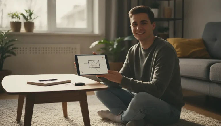Jeune conducteur souriant consultant une tablette avec des clés de voiture à côté, dans un salon lumineux