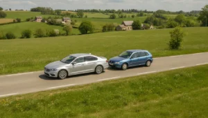 Voiture entamant un dépassement sur route de campagne à double sens, ligne blanche discontinue au sol
