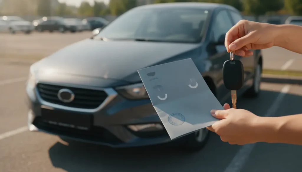 Mains tenant des documents de carte grise et des clés de voiture devant un véhicule d'occasion