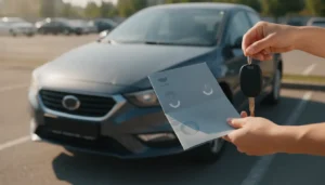 Mains tenant des documents de carte grise et des clés de voiture devant un véhicule d'occasion
